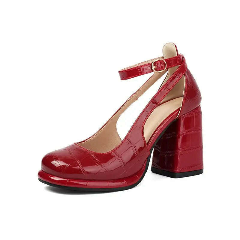 KIMLUD, ORCHALISA Fashion Women Pumps 32 33 Round Toe Block Heels 9cm Platform Plaid Ankle Buckle Strap Big Size 42 43 Sexy Dating Shoes, Red / EU32-21CM / CN, KIMLUD APPAREL - Womens Clothes