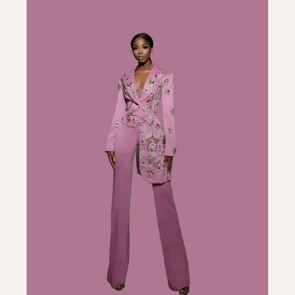 KIMLUD, Pink Women Suits Office Set Blazer+Pants Mother of the Guest Dresses Irregular Hem Applique Beads Jacket 2 Pieces Custom Made, KIMLUD Womens Clothes