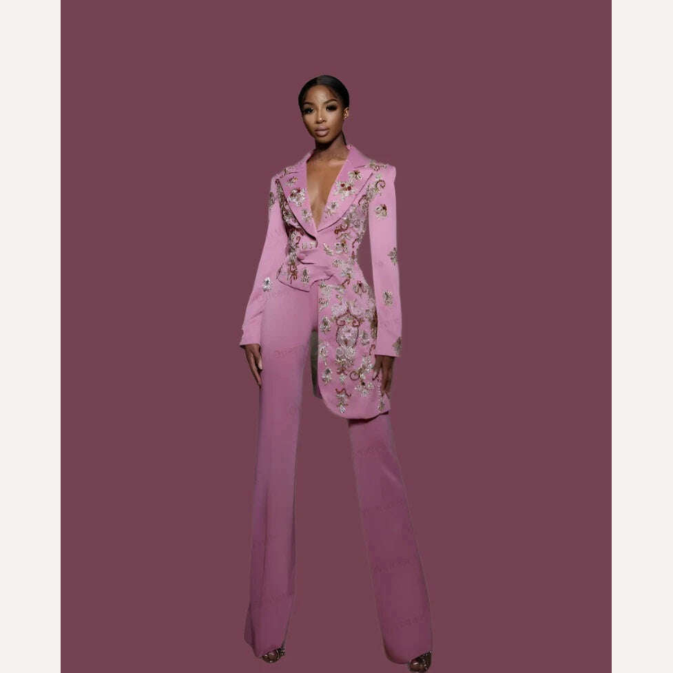 KIMLUD, Pink Women Suits Office Set Blazer+Pants Mother of the Guest Dresses Irregular Hem Applique Beads Jacket 2 Pieces Custom Made, KIMLUD Womens Clothes