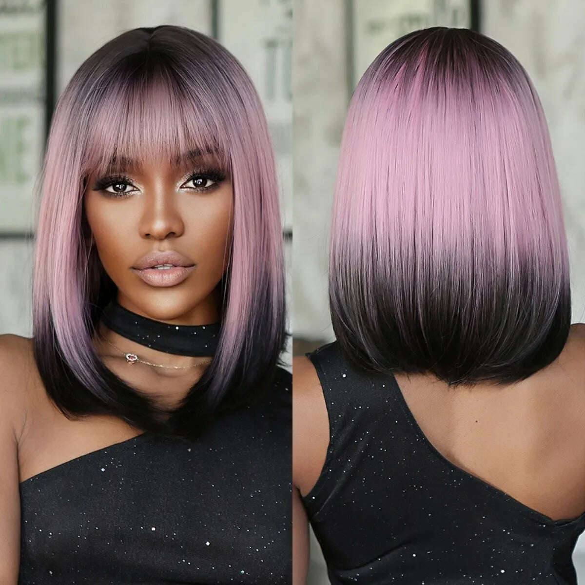 KIMLUD, Purple Pink Ombre Black Short Straight Synthetic Wigs with Bangs Bob Wig for Women Daily Cosplay Party Heat Resistant Fake Hairs, KIMLUD Women's Clothes