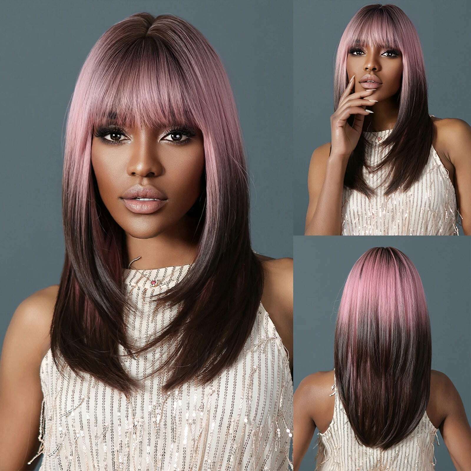 Purple Pink Ombre Black Short Straight Synthetic Wigs with Bangs Bob Wig for Women Daily Cosplay Party Heat Resistant Fake Hairs - KIMLUD