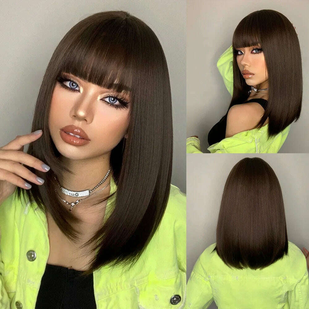 Purple Pink Ombre Black Short Straight Synthetic Wigs with Bangs Bob Wig for Women Daily Cosplay Party Heat Resistant Fake Hairs - KIMLUD