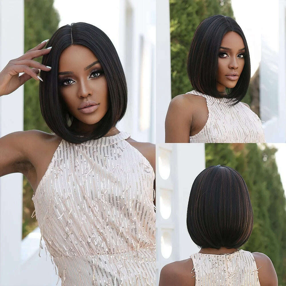 Purple Pink Ombre Black Short Straight Synthetic Wigs with Bangs Bob Wig for Women Daily Cosplay Party Heat Resistant Fake Hairs - KIMLUD