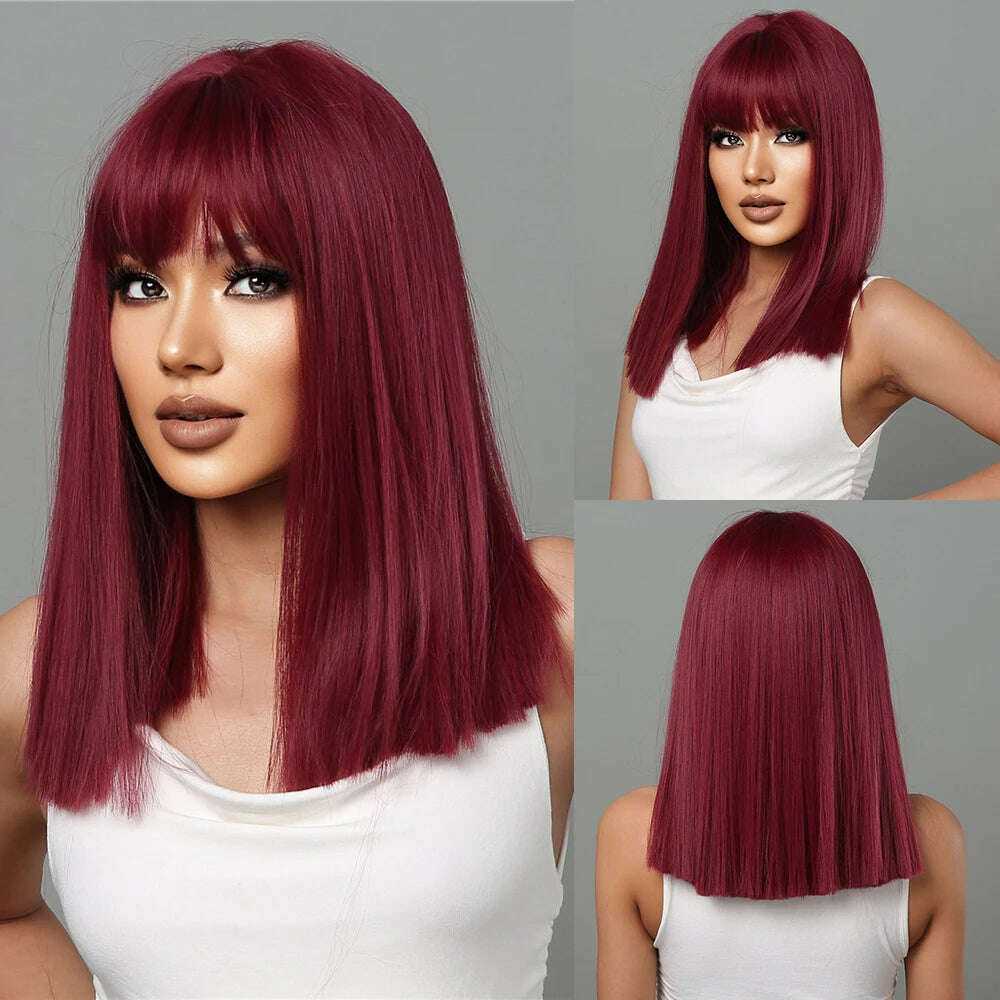 Purple Pink Ombre Black Short Straight Synthetic Wigs with Bangs Bob Wig for Women Daily Cosplay Party Heat Resistant Fake Hairs - KIMLUD