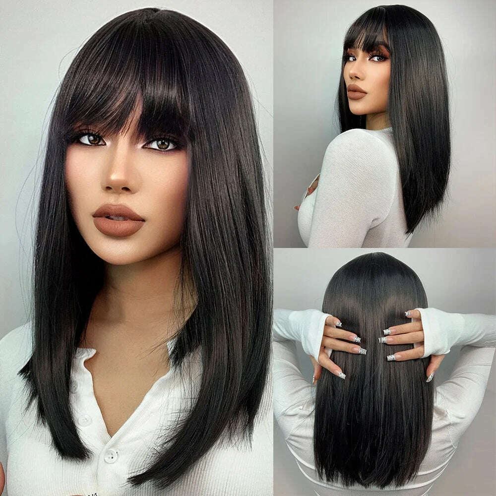 Purple Pink Ombre Black Short Straight Synthetic Wigs with Bangs Bob Wig for Women Daily Cosplay Party Heat Resistant Fake Hairs - KIMLUD