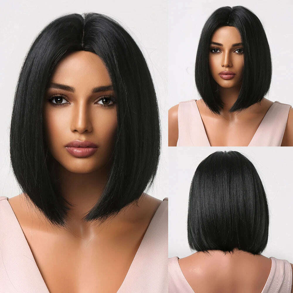 Purple Pink Ombre Black Short Straight Synthetic Wigs with Bangs Bob Wig for Women Daily Cosplay Party Heat Resistant Fake Hairs - KIMLUD