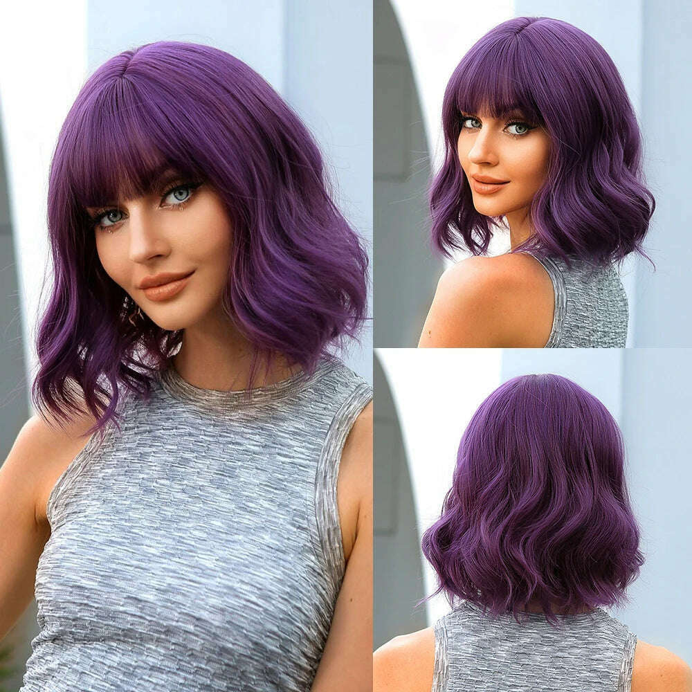 Purple Pink Ombre Black Short Straight Synthetic Wigs with Bangs Bob Wig for Women Daily Cosplay Party Heat Resistant Fake Hairs - KIMLUD