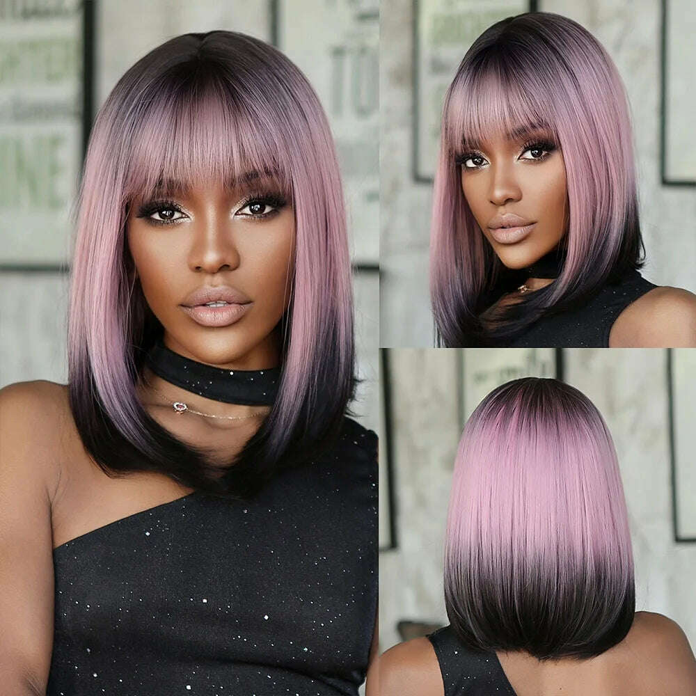 Purple Pink Ombre Black Short Straight Synthetic Wigs with Bangs Bob Wig for Women Daily Cosplay Party Heat Resistant Fake Hairs - KIMLUD