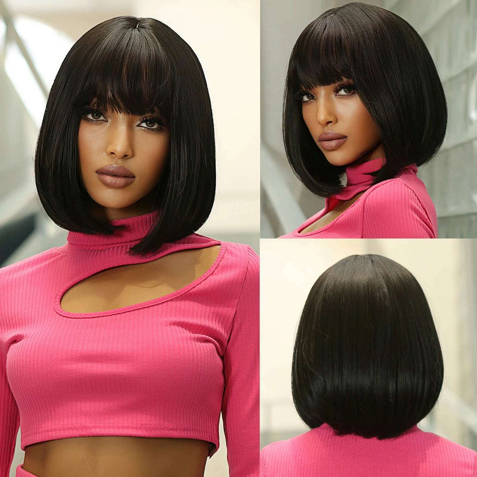 Purple Pink Ombre Black Short Straight Synthetic Wigs with Bangs Bob Wig for Women Daily Cosplay Party Heat Resistant Fake Hairs - KIMLUD