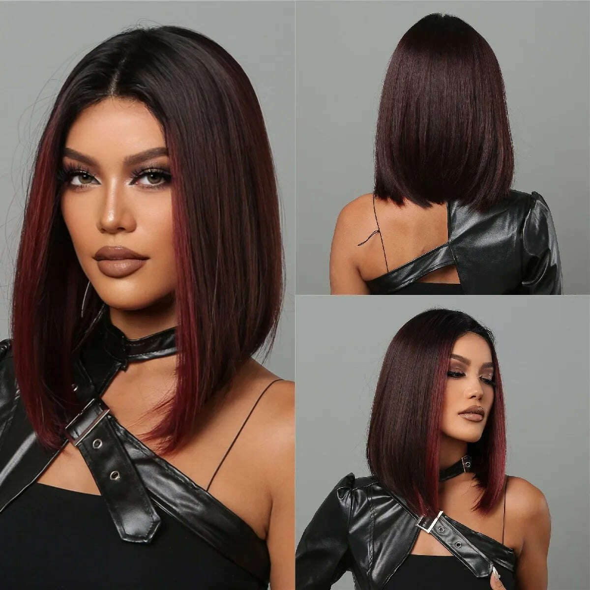 Purple Pink Ombre Black Short Straight Synthetic Wigs with Bangs Bob Wig for Women Daily Cosplay Party Heat Resistant Fake Hairs - KIMLUD