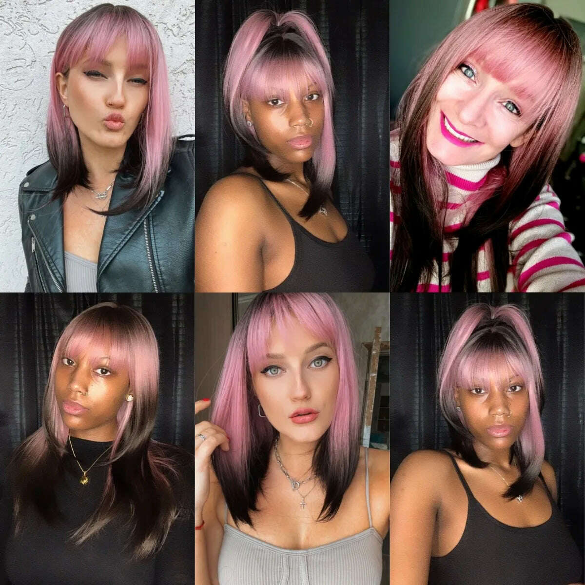 Purple Pink Ombre Black Short Straight Synthetic Wigs with Bangs Bob Wig for Women Daily Cosplay Party Heat Resistant Fake Hairs - KIMLUD