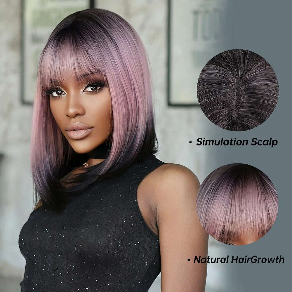 Purple Pink Ombre Black Short Straight Synthetic Wigs with Bangs Bob Wig for Women Daily Cosplay Party Heat Resistant Fake Hairs - KIMLUD