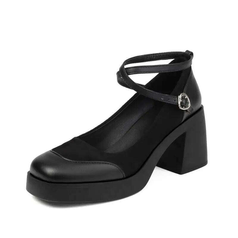 KIMLUD, REAVE CAT Mary Janes Women Pumps Square Toe Chunky Heels 8cm Platform Ankle Buckle Strap Big Size 41 42 43 Elegant Party Shoes, Black / US5-EU36-23CM / CN, KIMLUD APPAREL - Womens Clothes