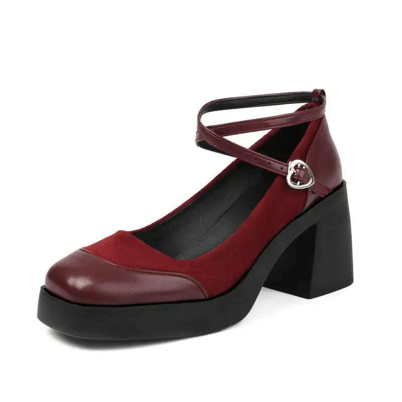 KIMLUD, REAVE CAT Mary Janes Women Pumps Square Toe Chunky Heels 8cm Platform Ankle Buckle Strap Big Size 41 42 43 Elegant Party Shoes, wine red / US11-EU42-26CM / CN, KIMLUD APPAREL - Womens Clothes