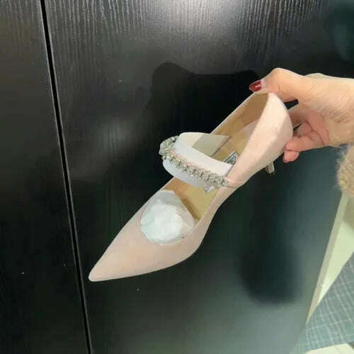 KIMLUD, Rhinestone Strap Nude Sandals Women's Shallow Mouth Pointed Toe Scrub Flat High Heel Shoes, Pink Suede 2(7cm) / 34, KIMLUD APPAREL - Womens Clothes