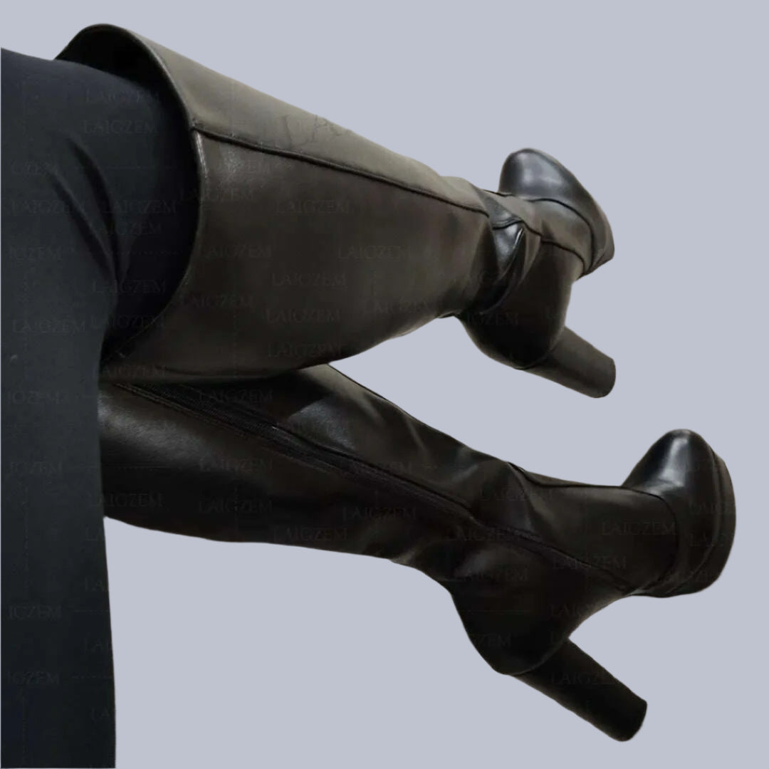 SEIIHEM Women Knee High Boots Platform Side Full Zip Up Thick High Heels Boots Faux Leather Unisex Shoes Woman Big Size 41 45 52 - KIMLUD