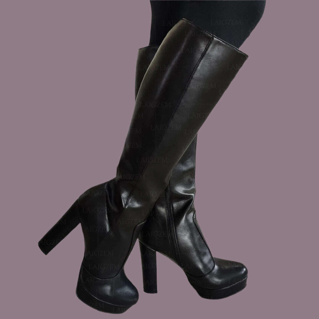 SEIIHEM Women Knee High Boots Platform Side Full Zip Up Thick High Heels Boots Faux Leather Unisex Shoes Woman Big Size 41 45 52 - KIMLUD