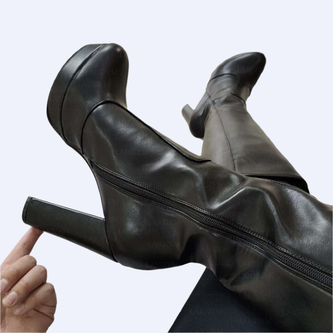 SEIIHEM Women Knee High Boots Platform Side Full Zip Up Thick High Heels Boots Faux Leather Unisex Shoes Woman Big Size 41 45 52 - KIMLUD