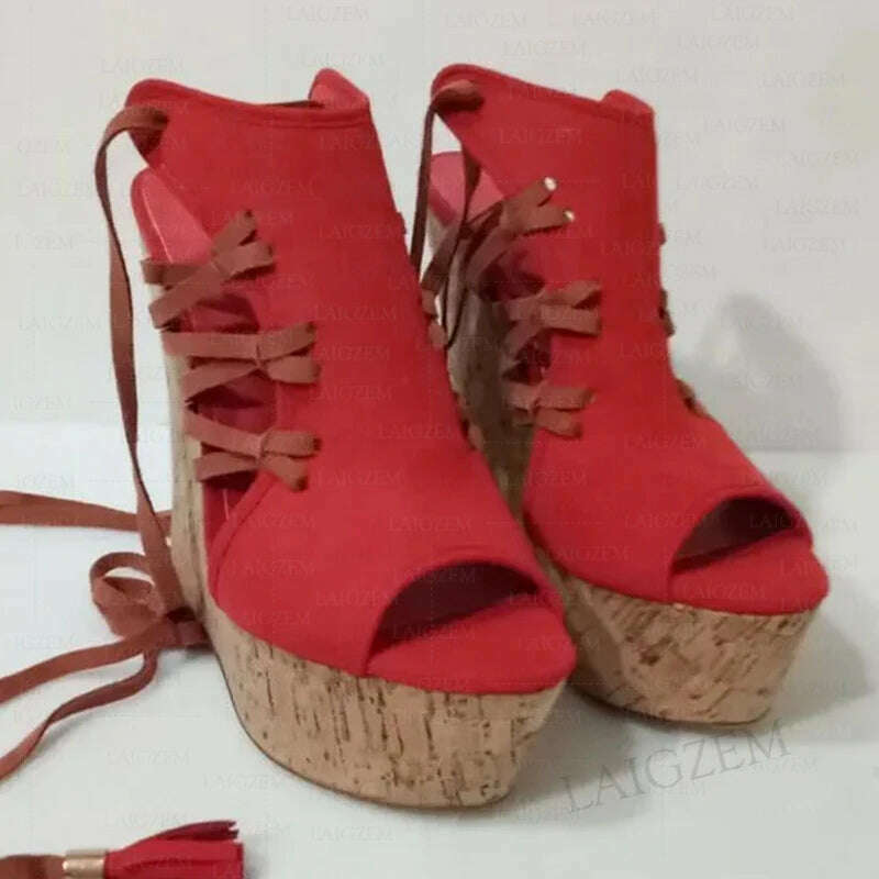 KIMLUD, SEIIHEM Women Sandals Platform Wedges Faux Suede Open Toe Height Increase Ladies Handmade Shoes Woman Plus Size 39 41 43 45 48, JY1673 Red / 6, KIMLUD Women's Clothes