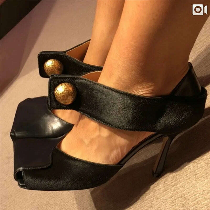 KIMLUD, Sexy Black Women Pumps Square Toe Hollow Out High Heel Shoes Ladies Mary Janes Summer Sandals Patchwork Horsehair Stiletto, KIMLUD Womens Clothes