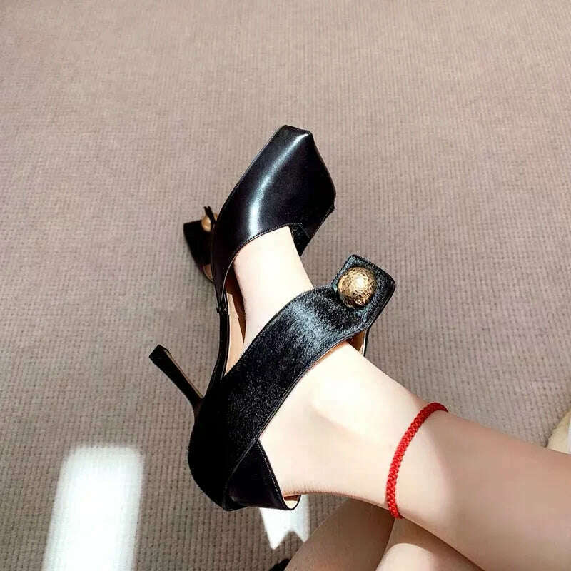 KIMLUD, Sexy Black Women Pumps Square Toe Hollow Out High Heel Shoes Ladies Mary Janes Summer Sandals Patchwork Horsehair Stiletto, KIMLUD Womens Clothes
