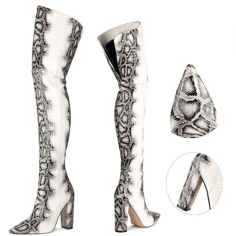 KIMLUD, Sexy Block High Heels Grey Python White Thigh Boots Pointy Toe Over Knee Boots Woman Spring Runway Knight Boots, KIMLUD Women's Clothes