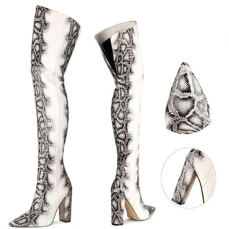 KIMLUD, Sexy Block High Heels Grey Python White Thigh Boots Pointy Toe Over Knee Boots Woman Spring Runway Knight Boots, KIMLUD Womens Clothes