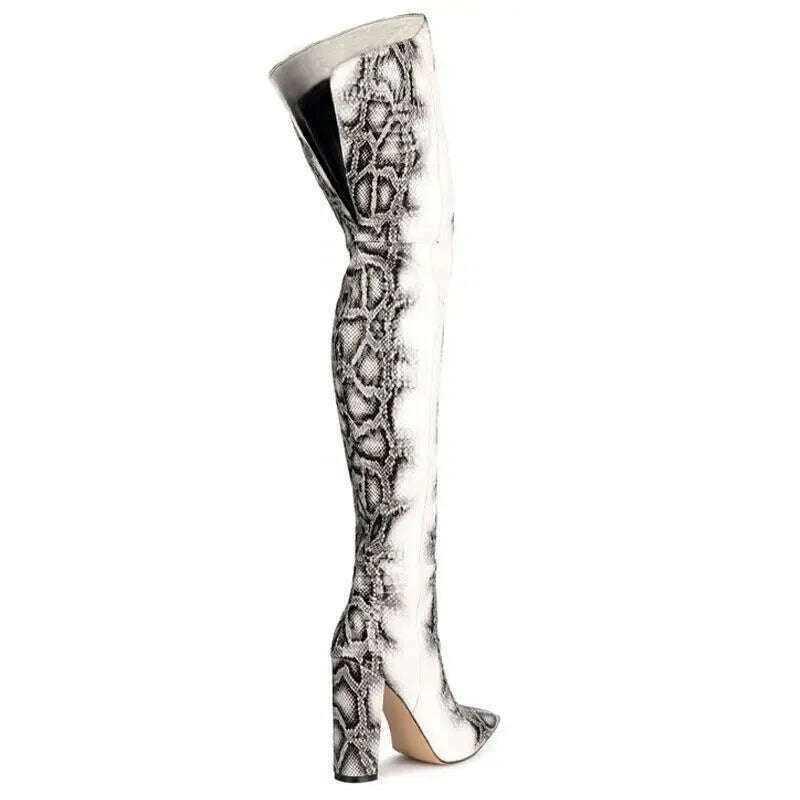 KIMLUD, Sexy Block High Heels Grey Python White Thigh Boots Pointy Toe Over Knee Boots Woman Spring Runway Knight Boots, KIMLUD Women's Clothes