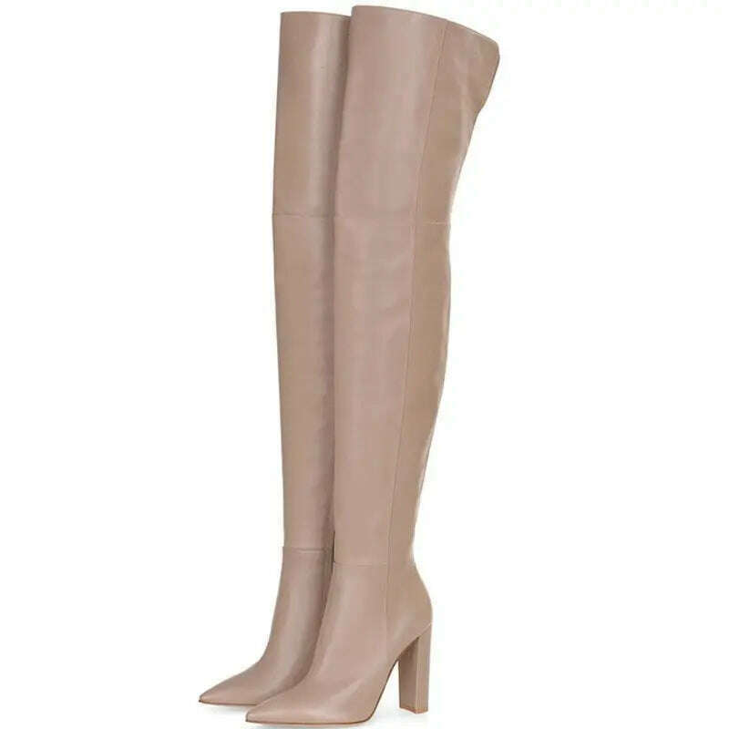 KIMLUD, Sexy Block High Heels Grey Python White Thigh Boots Pointy Toe Over Knee Boots Woman Spring Runway Knight Boots, KIMLUD Women's Clothes