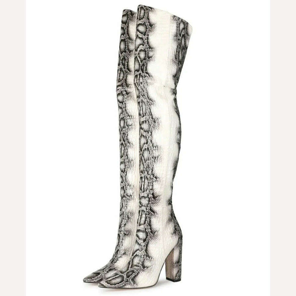 KIMLUD, Sexy Block High Heels Grey Python White Thigh Boots Pointy Toe Over Knee Boots Woman Spring Runway Knight Boots, KIMLUD Women's Clothes