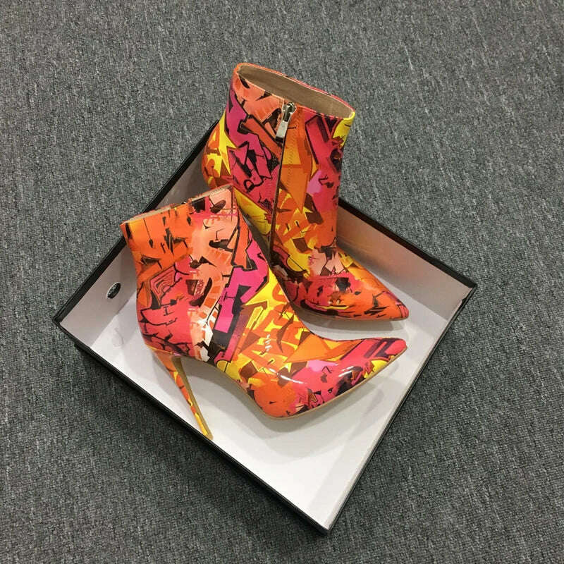 KIMLUD, Sexy Ladies Multi Scrawl Printed Leather Ankle Boots Patent Leather Stiletto Heels Pointed Toe Gladiator Celebrity Short Boots, KIMLUD Women's Clothes