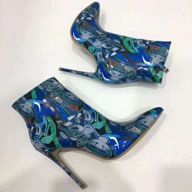 KIMLUD, Sexy Ladies Multi Scrawl Printed Leather Ankle Boots Patent Leather Stiletto Heels Pointed Toe Gladiator Celebrity Short Boots, 8 cm color 1 / 9, KIMLUD APPAREL - Womens Clothes