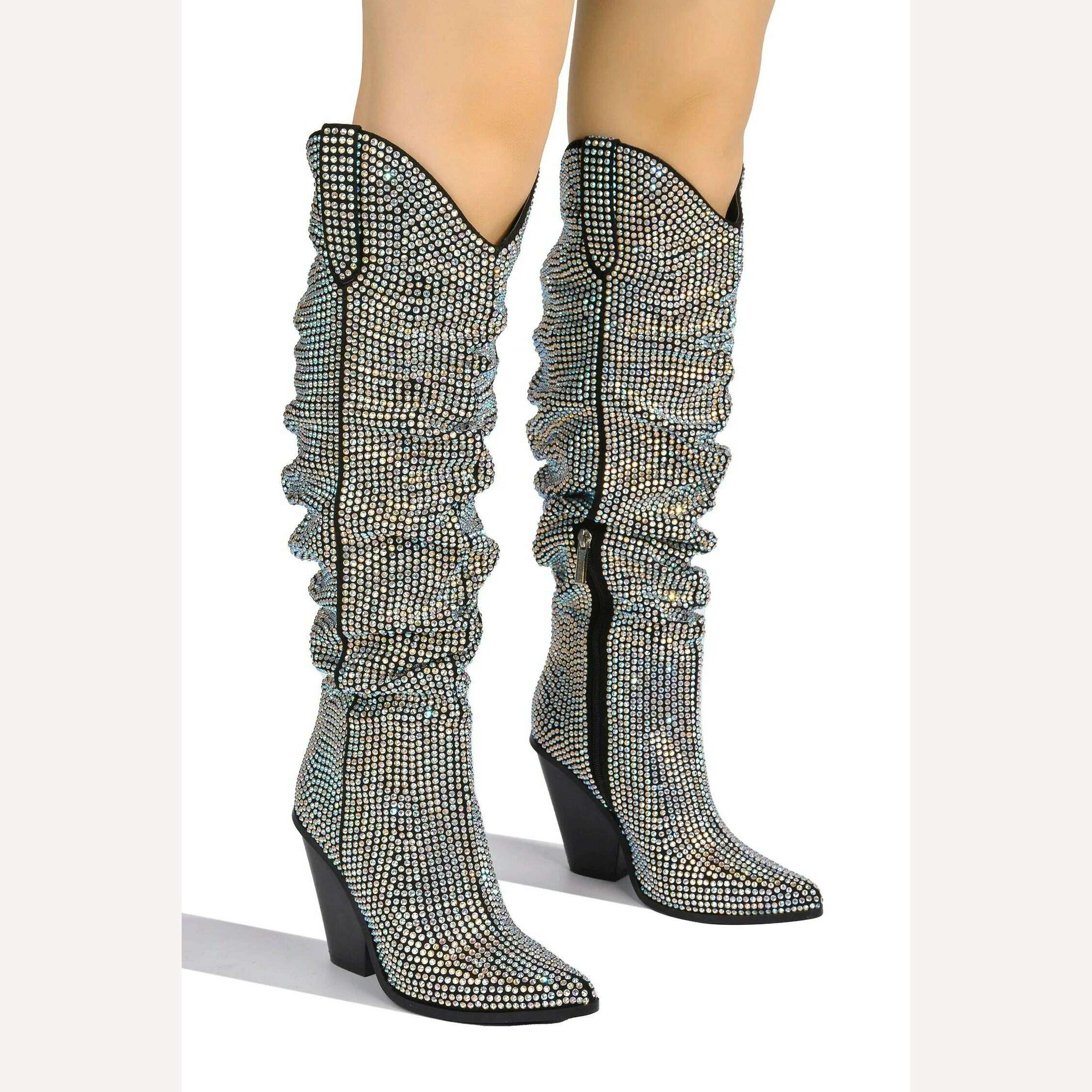 KIMLUD, Sexy Luxury Bling Silver Crystal Knee High Boots Chunky Womens Designer Stacked Cowboy Boots Rhinestone Glitter Shoes 44, KIMLUD Women's Clothes