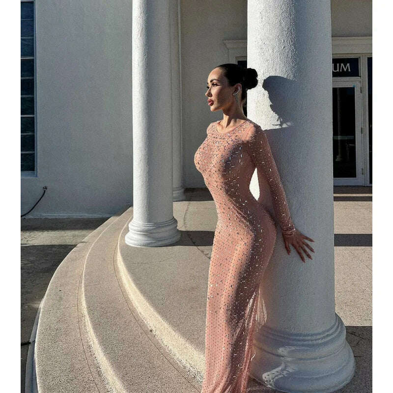 Sexy Split Glitter Female Cover Up Maxi Dress Mesh See-Through Fashion Long Sleeve Slim Beach Cover Up Dress for Women - KIMLUD