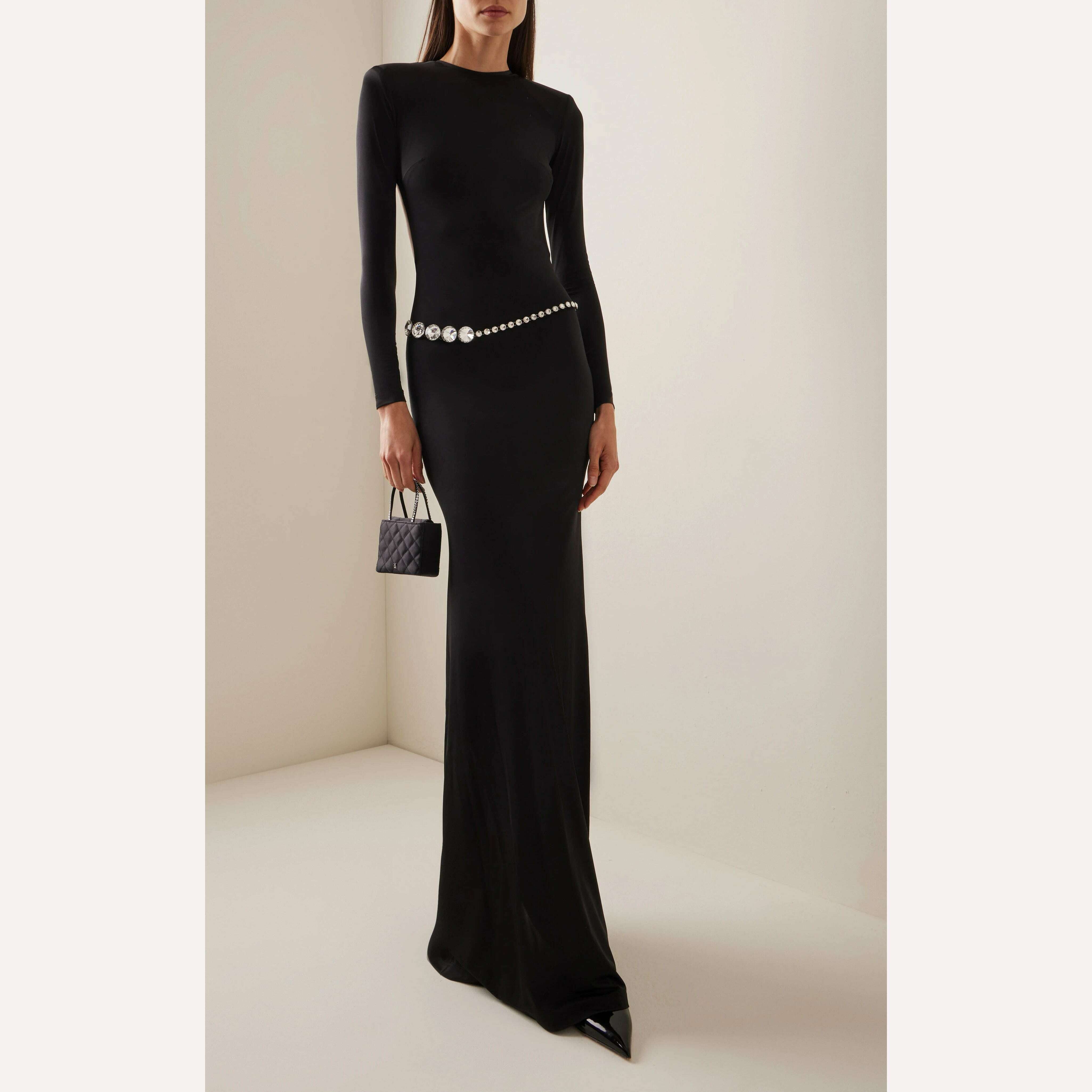 KIMLUD, Shining Diamonds Waist Chain Sexy Backless Black Long Bandage Dress Elegant Woman Evening Party Dress Cocktail Party Outfit, black / XS, KIMLUD APPAREL - Womens Clothes