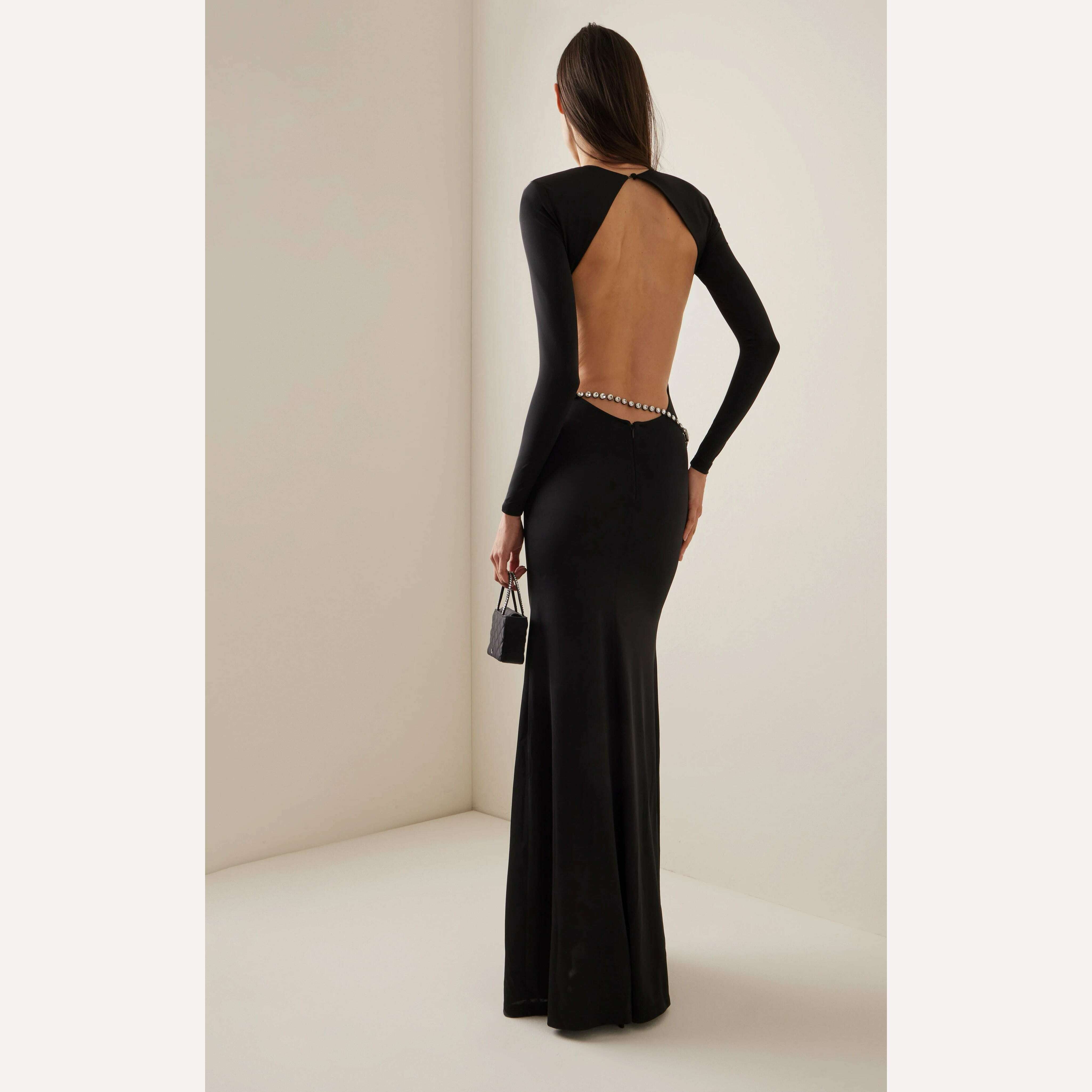 KIMLUD, Shining Diamonds Waist Chain Sexy Backless Black Long Bandage Dress Elegant Woman Evening Party Dress Cocktail Party Outfit, KIMLUD Womens Clothes
