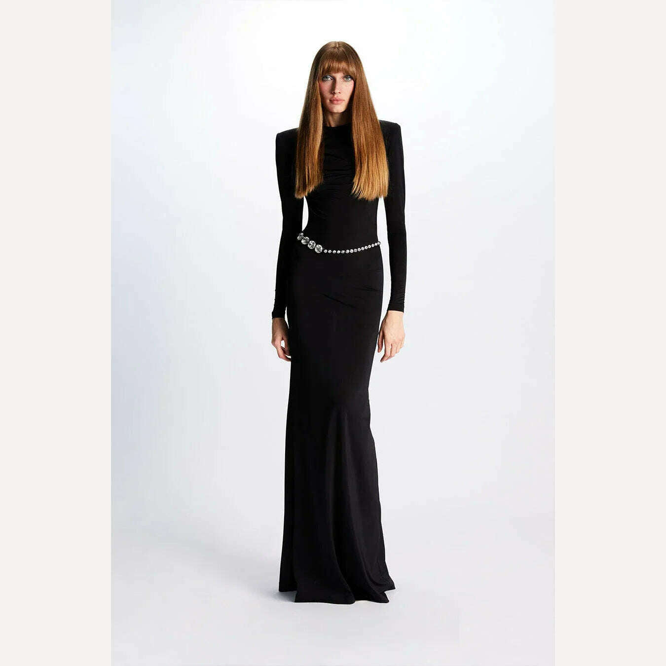 KIMLUD, Shining Diamonds Waist Chain Sexy Backless Black Long Bandage Dress Elegant Woman Evening Party Dress Cocktail Party Outfit, KIMLUD Womens Clothes