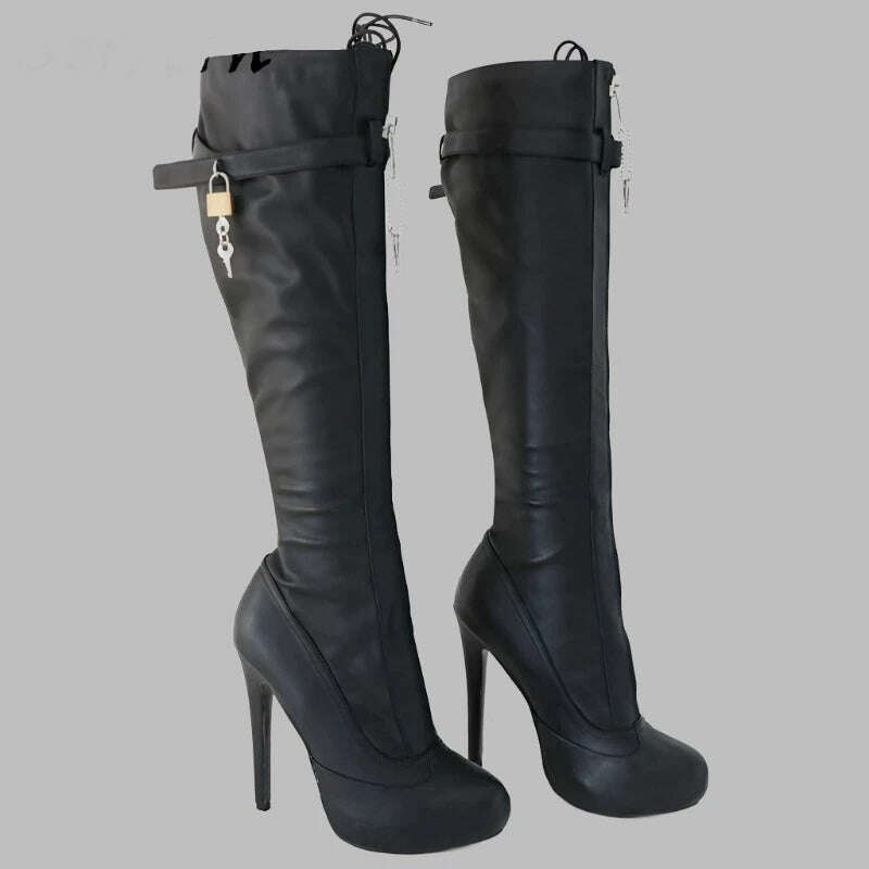 KIMLUD, Sorbern BDSM Lockable Zipper Knee High Boots For Women Platform Fetish Buckles Strap Shoes Ladies High Heels Custom Wide Fit, KIMLUD Women's Clothes