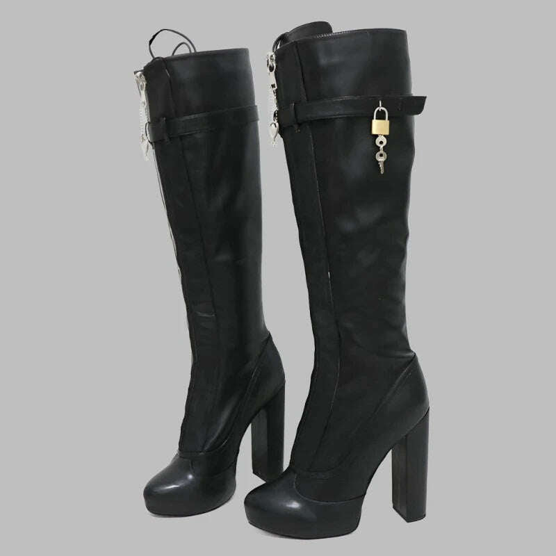 KIMLUD, Sorbern BDSM Lockable Zipper Knee High Boots For Women Platform Fetish Buckles Strap Shoes Ladies High Heels Custom Wide Fit, Block Heel / 36, KIMLUD Women's Clothes