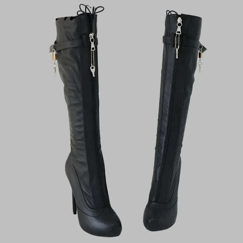 KIMLUD, Sorbern BDSM Lockable Zipper Knee High Boots For Women Platform Fetish Buckles Strap Shoes Ladies High Heels Custom Wide Fit, KIMLUD Women's Clothes