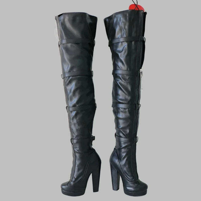 KIMLUD, Sorbern Black Long Boots Women With Locks Red Tongue Block High Heels Lockable Zippers Platform Round Toe Shoes Custom Wide Legs, KIMLUD Women's Clothes