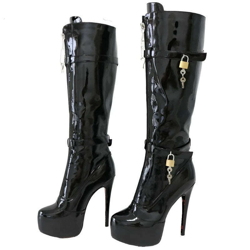 KIMLUD, Sorbern Black Patent Knee Boots Women With Locks Drag Queen Shoes Platform Fetish High Heels Round Toe Lockable Zipper Front, Black / 40, KIMLUD Women's Clothes