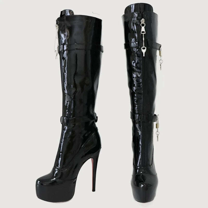 KIMLUD, Sorbern Black Patent Knee Boots Women With Locks Drag Queen Shoes Platform Fetish High Heels Round Toe Lockable Zipper Front, KIMLUD Women's Clothes