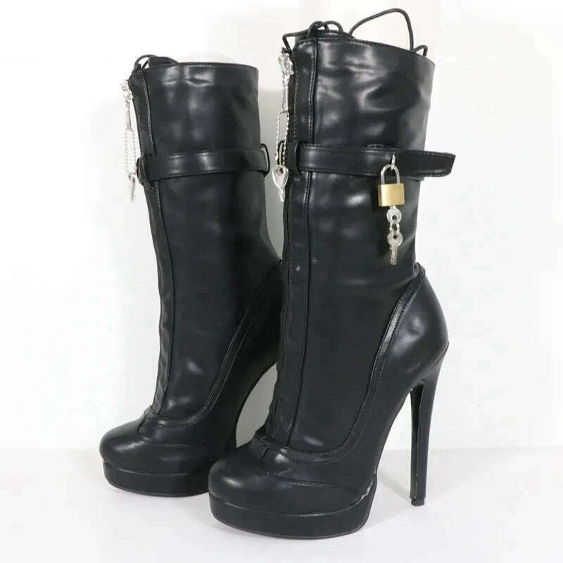 KIMLUD, Sorbern Unisex High Ankle Boots Women Straps With Locks Visible Platform High Heels 25Cm Shaft Height Lockable Front Zipper Boot, Black Matte / 43, KIMLUD Women's Clothes