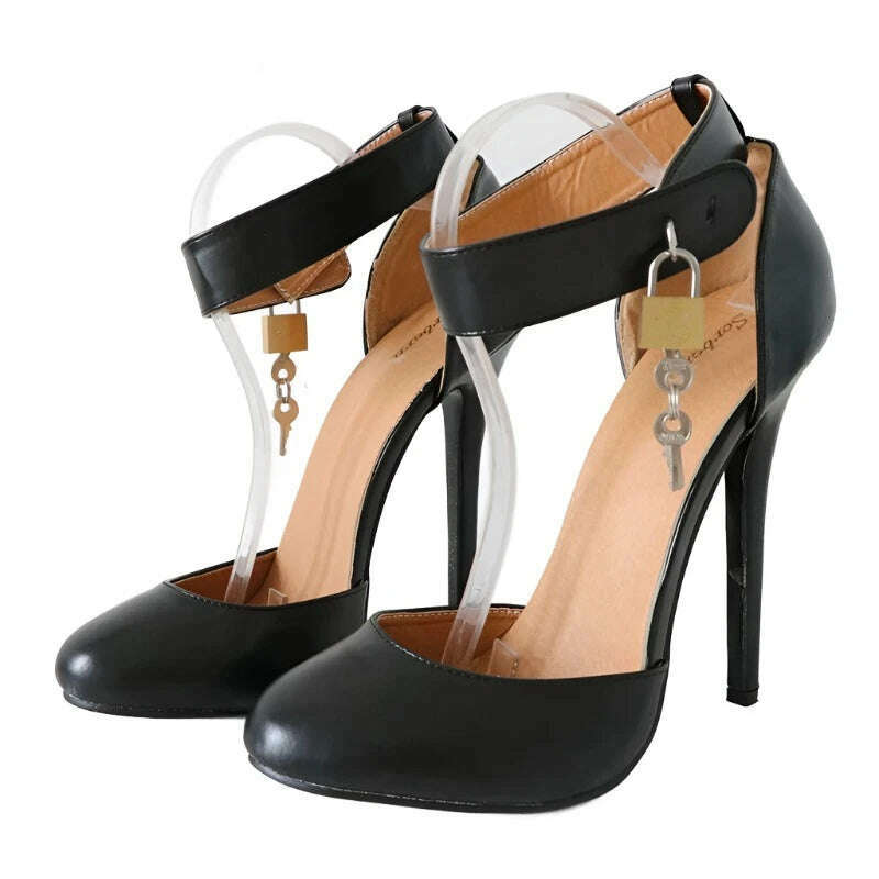 KIMLUD, Sorbern Vintage Burlesque Heels Pump Shoe Lockable Wide Strap Round Toe 14cm Stilettos High Heel Sissy Boy Shoe Custom Color, Black / 46, KIMLUD Women's Clothes