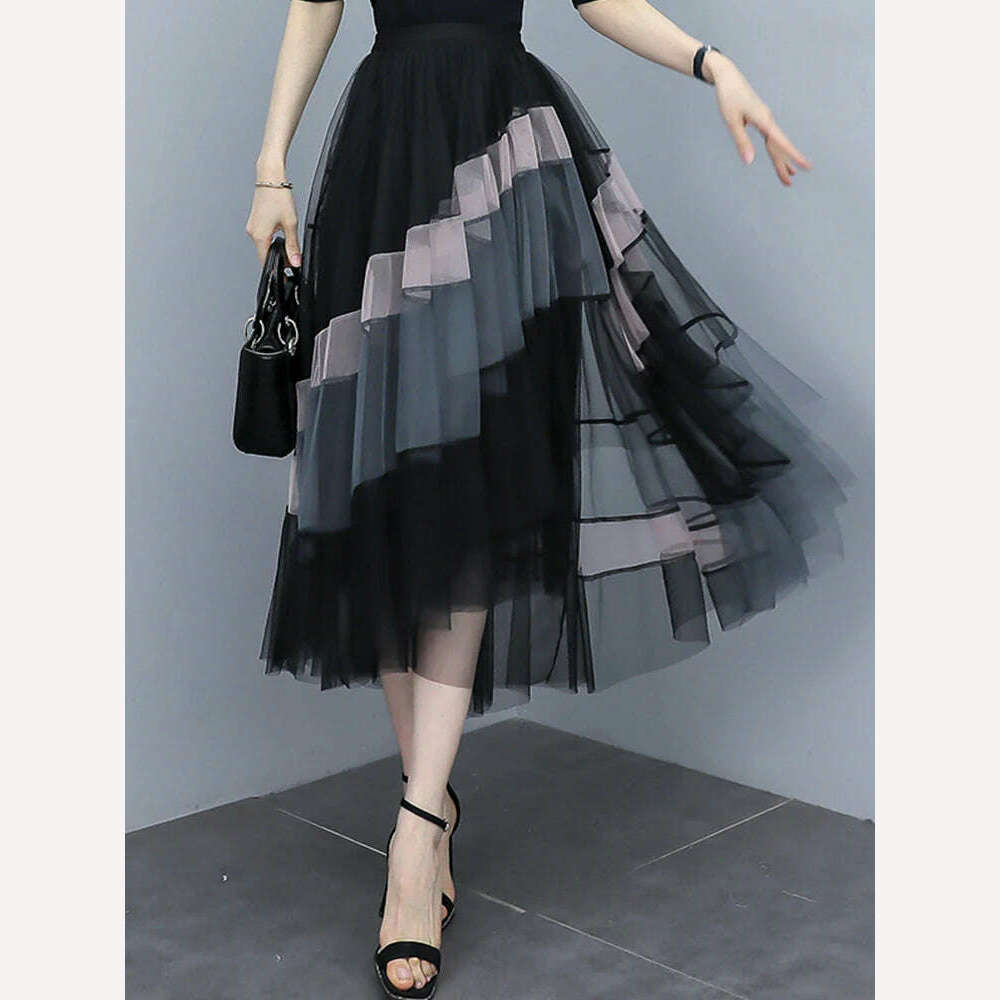 KIMLUD, TIGENA Fashion Patchwork Tulle Long Skirt Women 2023 Spring Summer Elegant High Street Mesh High Waist Pleated Midi Skirt Female, KIMLUD Womens Clothes