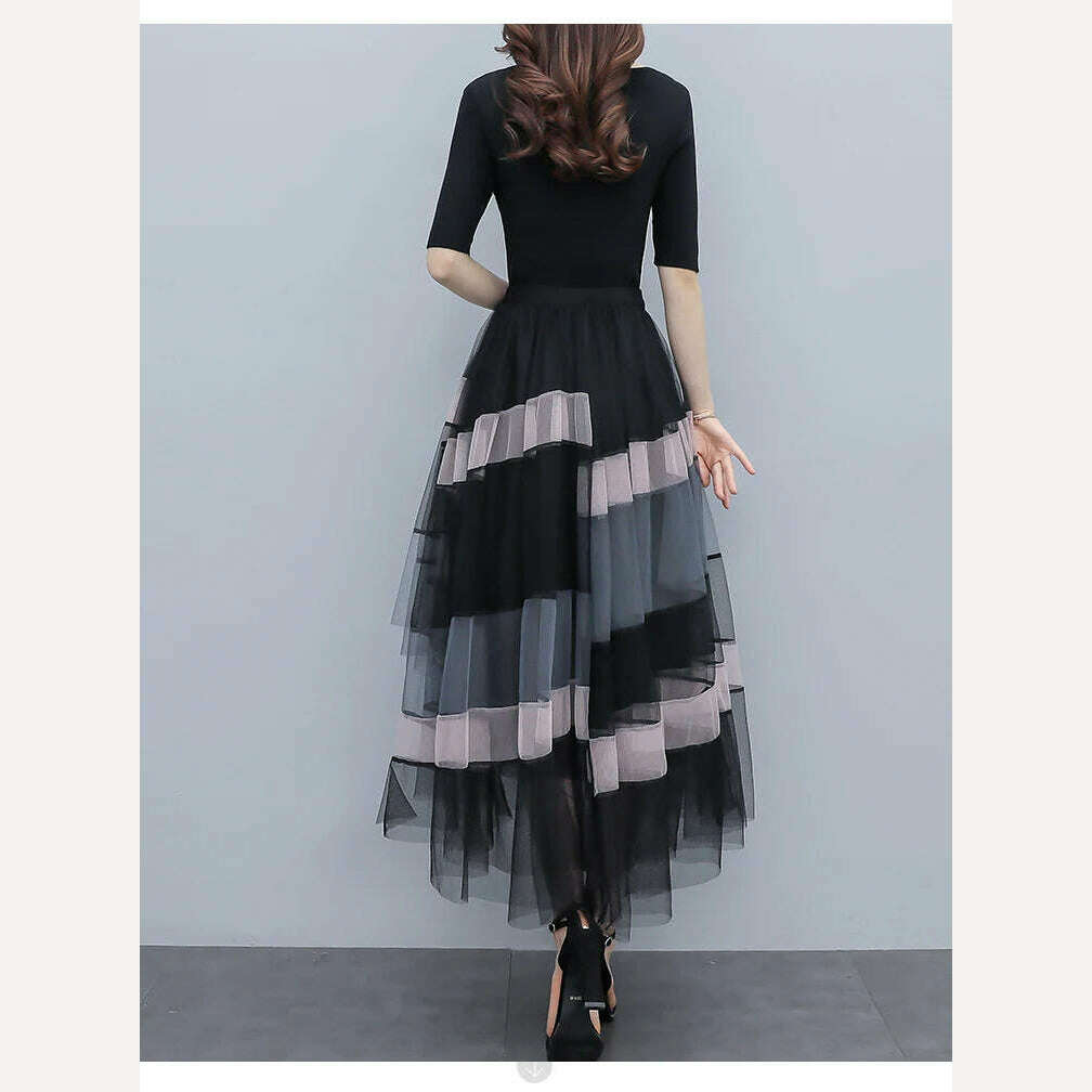 KIMLUD, TIGENA Fashion Patchwork Tulle Long Skirt Women 2023 Spring Summer Elegant High Street Mesh High Waist Pleated Midi Skirt Female, KIMLUD Womens Clothes