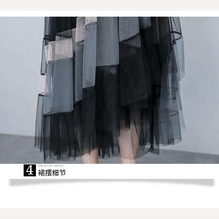 KIMLUD, TIGENA Fashion Patchwork Tulle Long Skirt Women 2023 Spring Summer Elegant High Street Mesh High Waist Pleated Midi Skirt Female, KIMLUD Womens Clothes
