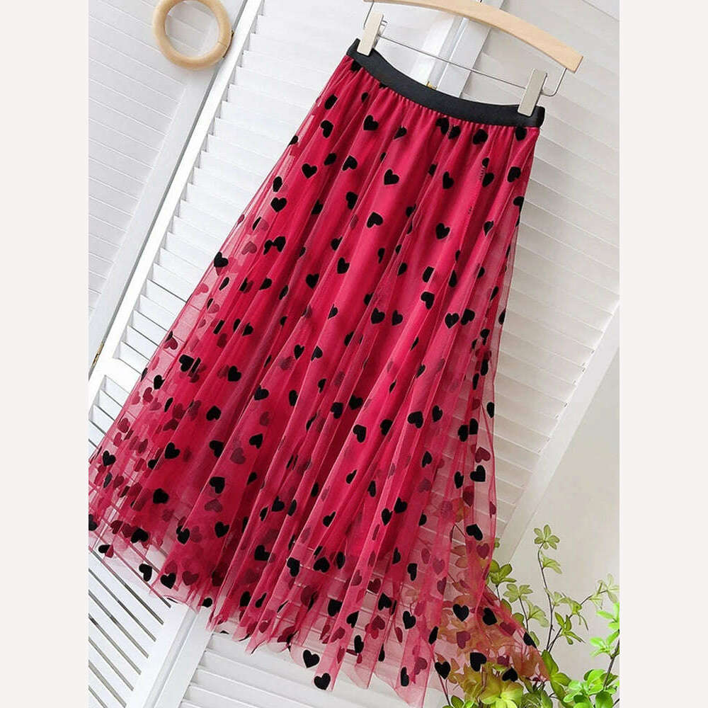 KIMLUD, TIGENA Tulle Maxi Skirt Women 2023 Spring Summer Korean Cute Heart Pattern Flocking Mesh Big Hem High Waist Long Skirt Female, KIMLUD Womens Clothes