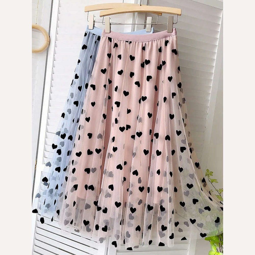 KIMLUD, TIGENA Tulle Maxi Skirt Women 2023 Spring Summer Korean Cute Heart Pattern Flocking Mesh Big Hem High Waist Long Skirt Female, KIMLUD Womens Clothes